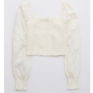 Aerie Long Sleeve Pretty Smocked Top XS Soft Muslin/Ivory